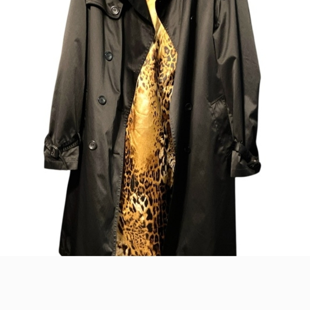 Dana Buchman Black Trench Coat with Animal Print Lining And Tie - Picture 12 of 14